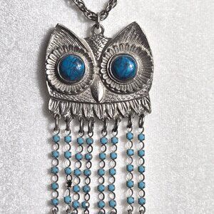 Articulated Silver & Turquoise Owl Pendant – Vintage 1970s Southwestern Jewelry